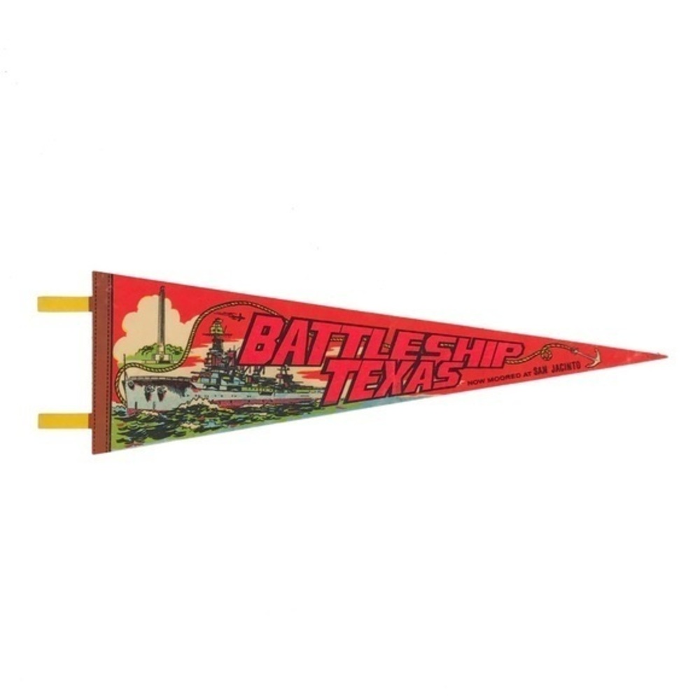 Vintage Battleship Texas Pennant Flag stating - ‘Now Moored at San Jacinto’